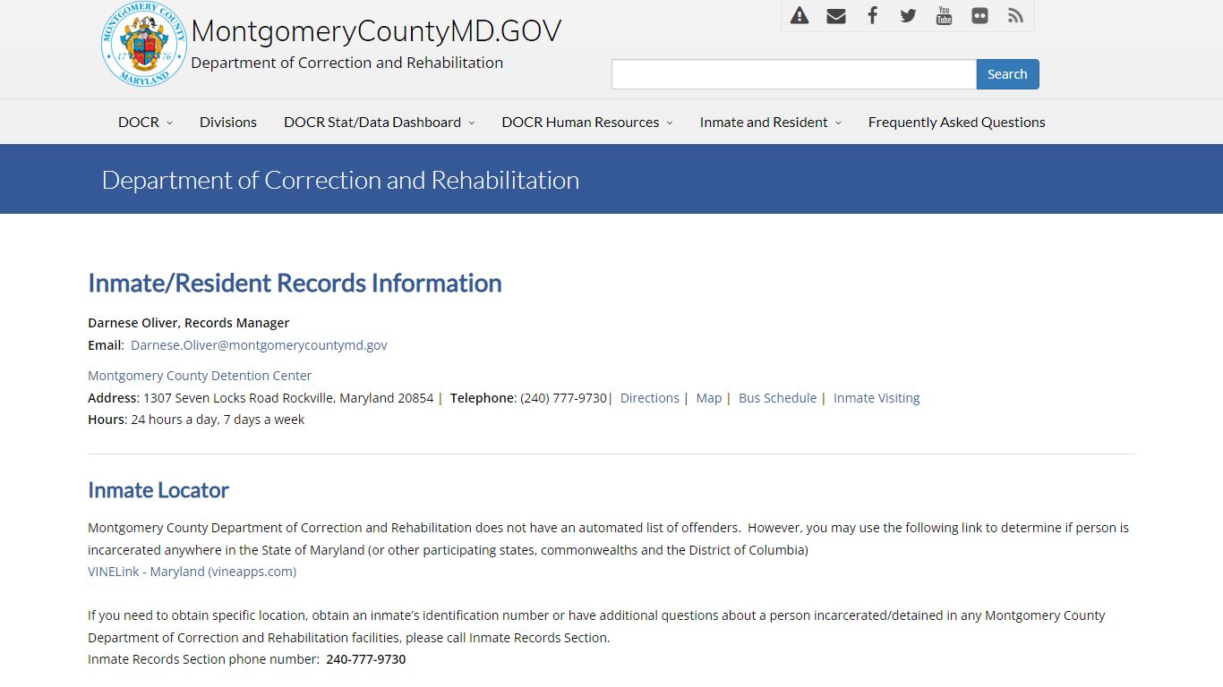 MONTGOMERY COUNTY, MD - DEPARTMENT OF CORRECTION AND REHABILITATION ...
